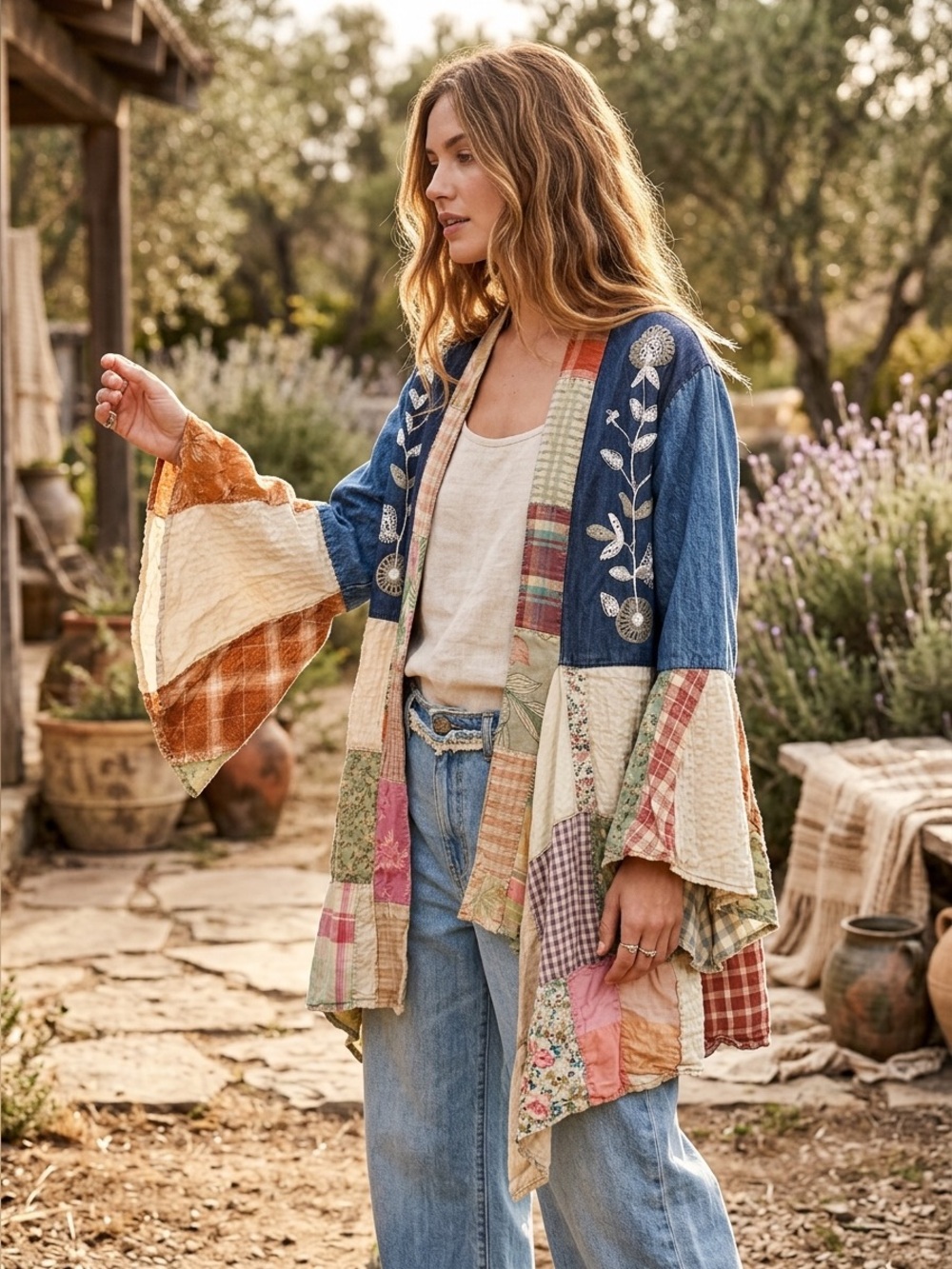 Denim Embroidery Patchwork Kimono with Bell Sleeves